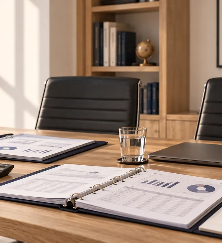 Mesa de reuniones preparada para una sesión de planificación financiera para empresas